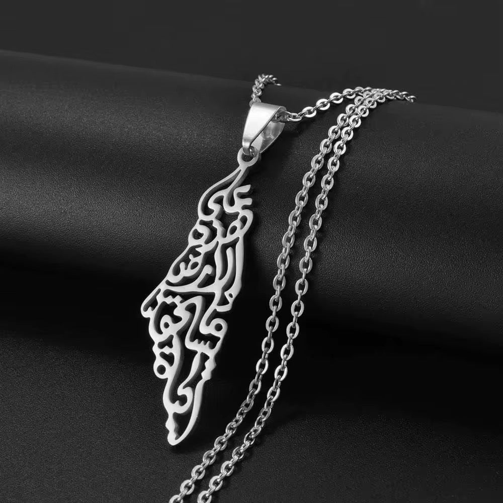 Palestine Map Necklace with Arabic Calligraphy