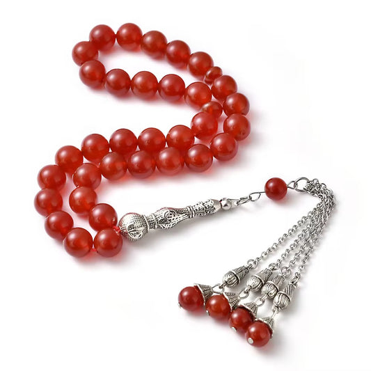 Yamani Red Stone Tasbih – 33 Beads Natural Prayer Beads (Agate / ʿAqīq)