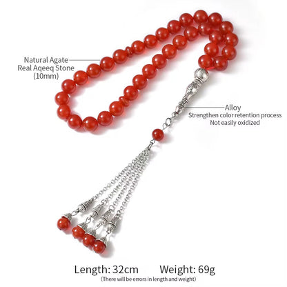 Yamani Red Stone Tasbih – 33 Beads Natural Prayer Beads (Agate / ʿAqīq)
