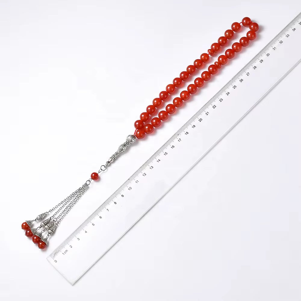 Yamani Red Stone Tasbih – 33 Beads Natural Prayer Beads (Agate / ʿAqīq)