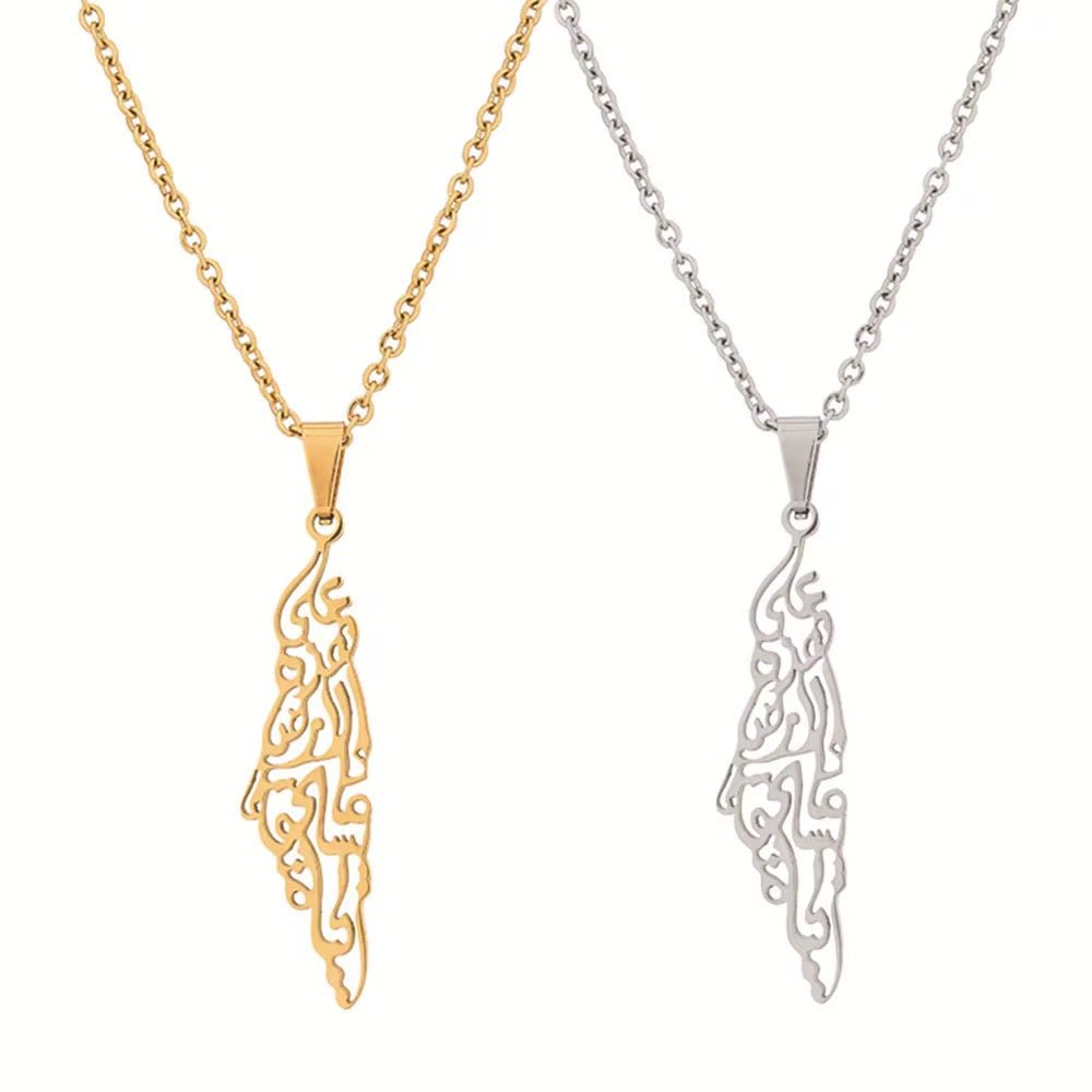 Palestine Map Necklace with Arabic Calligraphy - House of Taha
